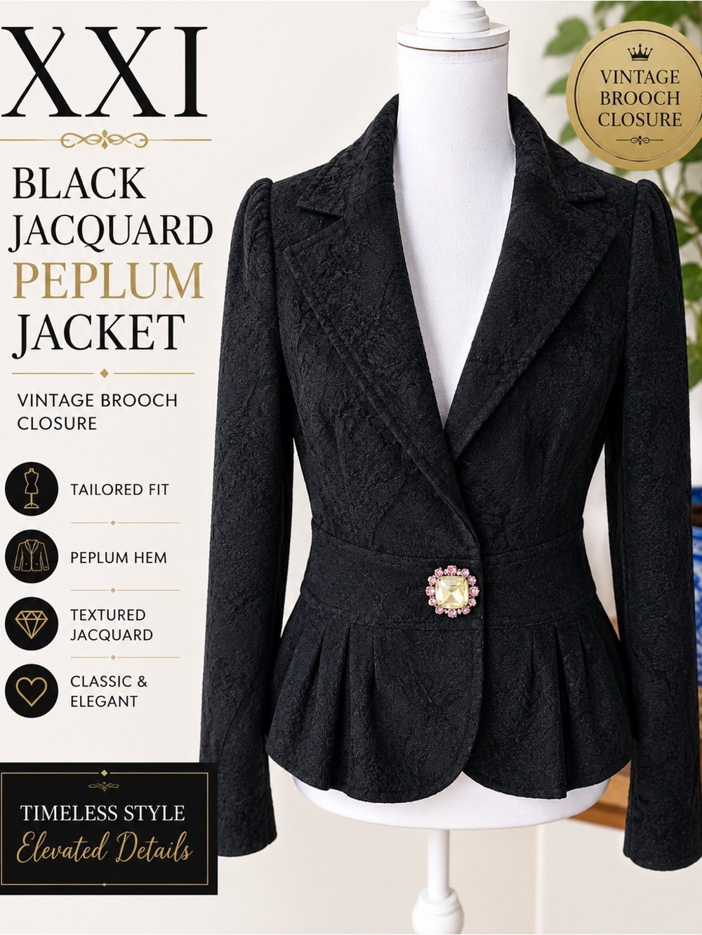 XXI Black Jacquard Peplum Blazer L Vintage Rhinestone Brooch Coquette